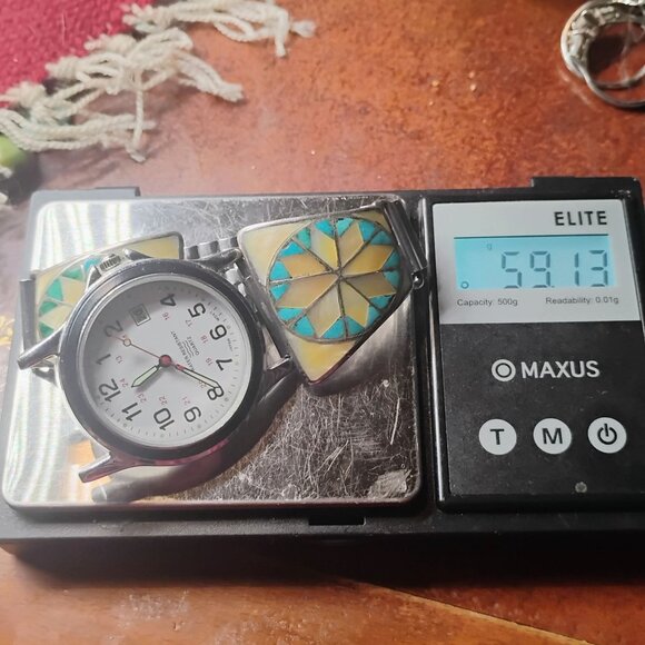 Vtg Zuni Inlay Set Belt Buckle Watch Tips Turquoise Mother of Pearl Sunburst - Picture 10 of 16